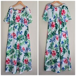 Vintage Hilo Hattie Mumu Maxi Dress Hawaii Tropical Hibiscus Leaf Print White L